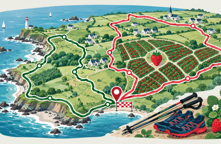 Carte stylisée de trois parcours à Plougastel avec coureurs, marcheurs et repères de préparation.