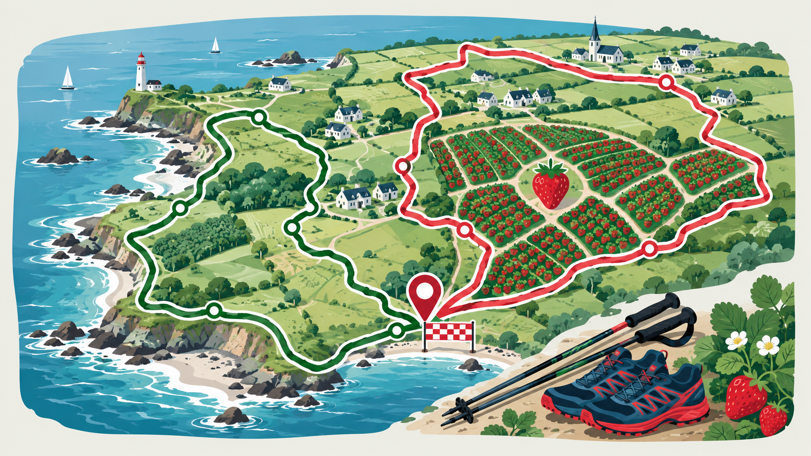 Carte stylisée de trois parcours à Plougastel avec coureurs, marcheurs et repères de préparation.